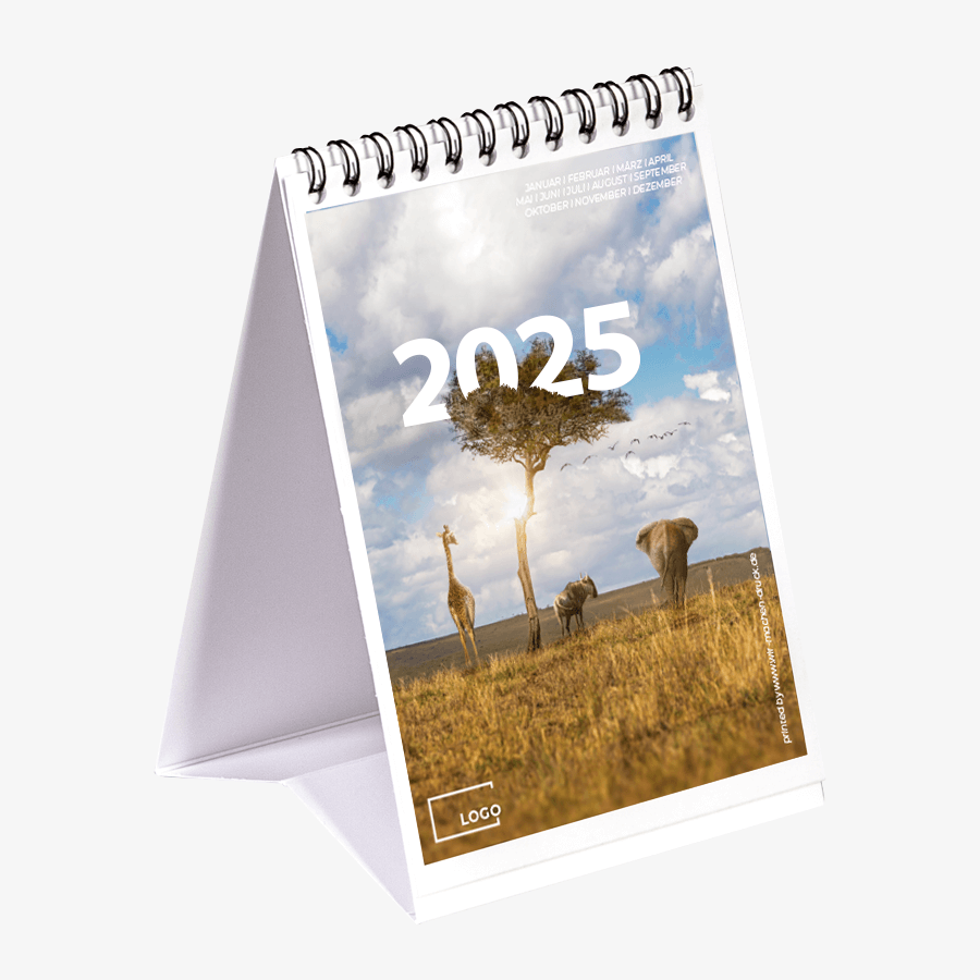 Wochentischkalender im Hochformat für 2025 mit individuellem Druck im Design Wildlife