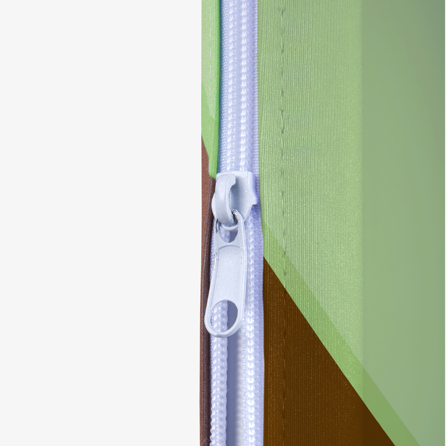 Detailansicht weißer Reißverschluss der Zipper-Wall Curved, mit bedrucktem Stoffbezug