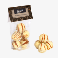 Pralinenset mit fünf alkoholfrein Pralinen, Folienbeutel mit bedrucktem Etikett