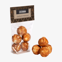 Pralinenset mit fünf alkoholfrein Pralinen, Folienbeutel mit bedrucktem Etikett
