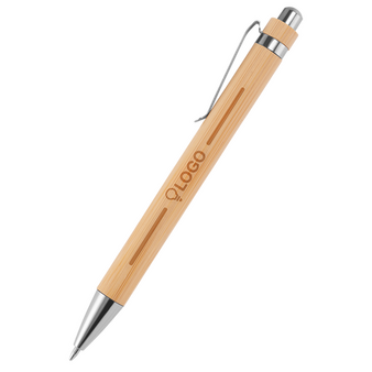 Bambus-Kugelschreiber mit Metallclip und einseitiger Lasergravur