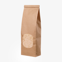 Blockbodenbeutel mit Sichtfenster und Clipbandverschluss, befüllt