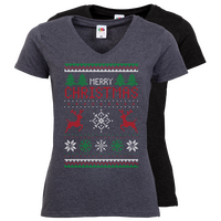 Damen-T-Shirt FOTL, Basic V-Neck - Motiv Weihnachtsstrickpulli, Farbauswahl