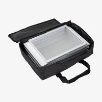 Prospektstaender, Silber, zusammengefaltet in Tasche