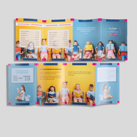 Faltblatt gefalzt auf DIN A5 vertikaler Doppelparallelfalz 8-seitig farbig bedruckt aufgeklappt