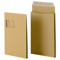 Faltentasche mit Klotzboden (32,4 x 22,9 x 2 cm), haftklebend mit Fenster, unbedruckt braun