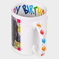Geburtstagstasse, Innenseiten mehrsprachig Happy Birthday bunt, Henkel mit Luftballons bedruckt,