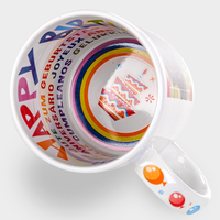 Geburtstagstasse, Innenseiten mehrsprachig Happy Birthday bunt, Tassenboden mit Tortenbild