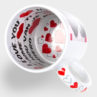 Fototasse ICH LIEBE DICH, Innen ein Schriftzug mit Ich liebe Dich, Henkel mit Herzen, Tassenboden mit Herzen