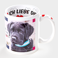 Fototasse ICH LIEBE DICH, Außen mit Foto bedruckt, Innen ein Schriftzug mit Ich liebe Dich, Henkel mit Herzen
