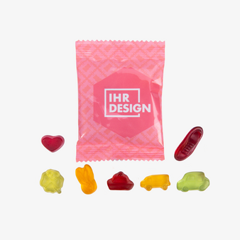 Fruchtgummi-Tütchen 10g (Motiv: gemischte Auswahl), neutrales Muster Beispielformen