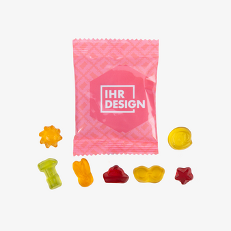 Fruchtgummi-Tütchen 10g (Motiv: gemischte Auswahl), neutrales Muster Beispielformen