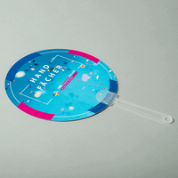 Handfächer, Kreis Form mit Griff, farbig bedruckt mit Text, liegend