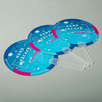 Handfächer, Kreis Form mit Griff, farbig bedruckt mit Text, liegend