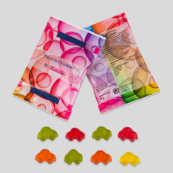 Fruchtgummi, farbig bedruckt, beidseitig