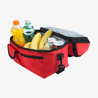 Kühltasche mit isothermen Innenfächern und Außentasche rot befüllt mit lebensmitteln Deckel offen