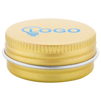 Lippenbalsam in golderner Dose bedruckt auf dem Deckel