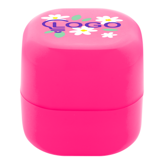 Lippenbalsam W&uuml;rfelform aus Kunststoff pink, oben bedruckt