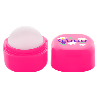 w&uuml;rfelf&ouml;rmiger Lippenbalsam in pink, offen und bedruckt