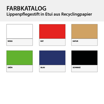 Farbkatalog Lippenpflegestift in Etui aus Recyclingpapier