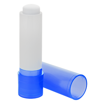 blauer offener Lippenpflegestift in transparentem Etui, ohne Druck