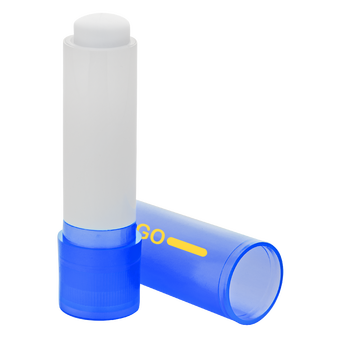 Lippenpflegestift in transparentem blauen Etui offen, bedruckt