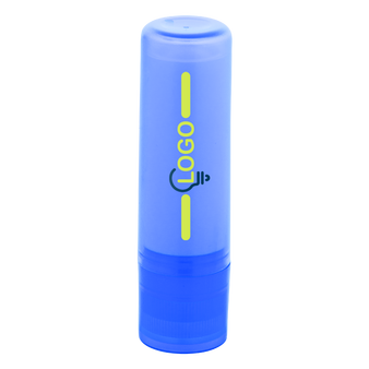 Lippenpflegestift in transparentem blauen Etui, bedruckt