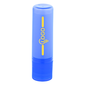 Lippenpflegestift in transparentem blauen Etui, bedruckt
