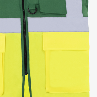 Multifunktionale Unisex-Warnweste einseitig bedruckt, Details Rei&szlig;verschluss und Tasche