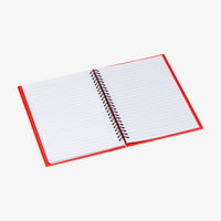 Notizblock mit Metall-Spiralbindung und Deckblatt aus recyceltem Karton rot aufgeklappt