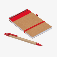 Notizblock mit Metall-Spiralbindung und Deckblatt aus recyceltem Karton Stift rot liegend