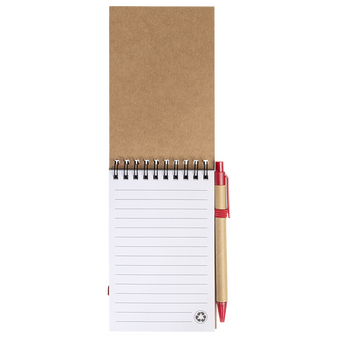 Notizbuch DIN A6 hoch, Umschlag: Karton, Inhalt: 70 linierte Seiten aus Recyclingpapier, inkl. Kugelschreiber