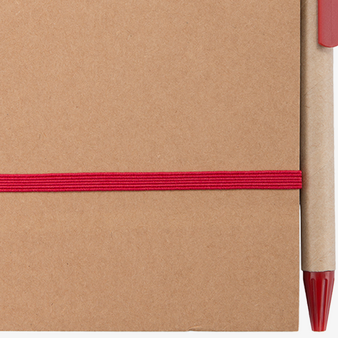 Notizbuch DIN A6 hoch, Umschlag: Karton, Inhalt: 70 linierte Seiten aus Recyclingpapier, inkl. Kugelschreiber