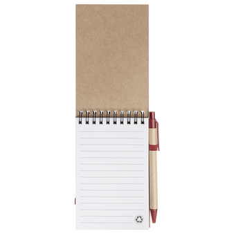 Notizbuch DIN A6 hoch, Umschlag: Karton, Inhalt: 70 linierte Seiten aus Recyclingpapier, inkl. Kugelschreiber