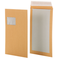 Papprückwandtasche DIN C4, haftklebend mit Fenster, unbedruckt braun mit grauer Papprückwand