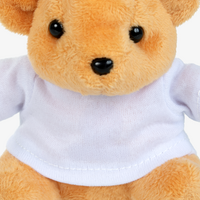 Nahaufnahme hellbrauner Teddybär weßes T-Shirt unbedruckt