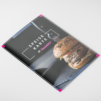 Speisekarte, farbig bedruckt, liegend mit Burger Motiv