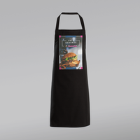 Stoffschürze schwarz, farbig bedruckt, stehend, 