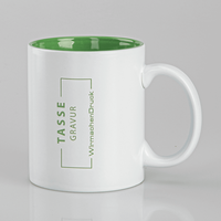 Tasse außen WEISS, innen gruen mit einseitiger Lasergravur