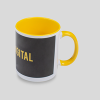 gelbe Werbetasse, Innenseite und Henkel gelb, außen Druck in Fotoqualität