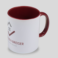 maroon Werbetasse, Innenseite und Henkel maroon, außen Druck in Fotoqualität