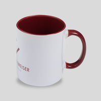 maroon Werbetasse, Innenseite und Henkel maroon, außen Druck in Fotoqualität