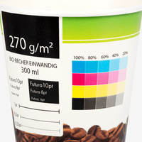 WIRmachenDRUCK Schweiz Becher-Musterset inkl. 15 CHF Rabattcode Seite bedruckt mit Farbwerten