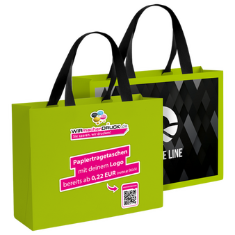 WmD-Imprint-Logo, einseitig farbig bedruckte Papiertragetasche in M mit Schleifenband, 34 x 26,5 x 11 cm, 4/0-farbig