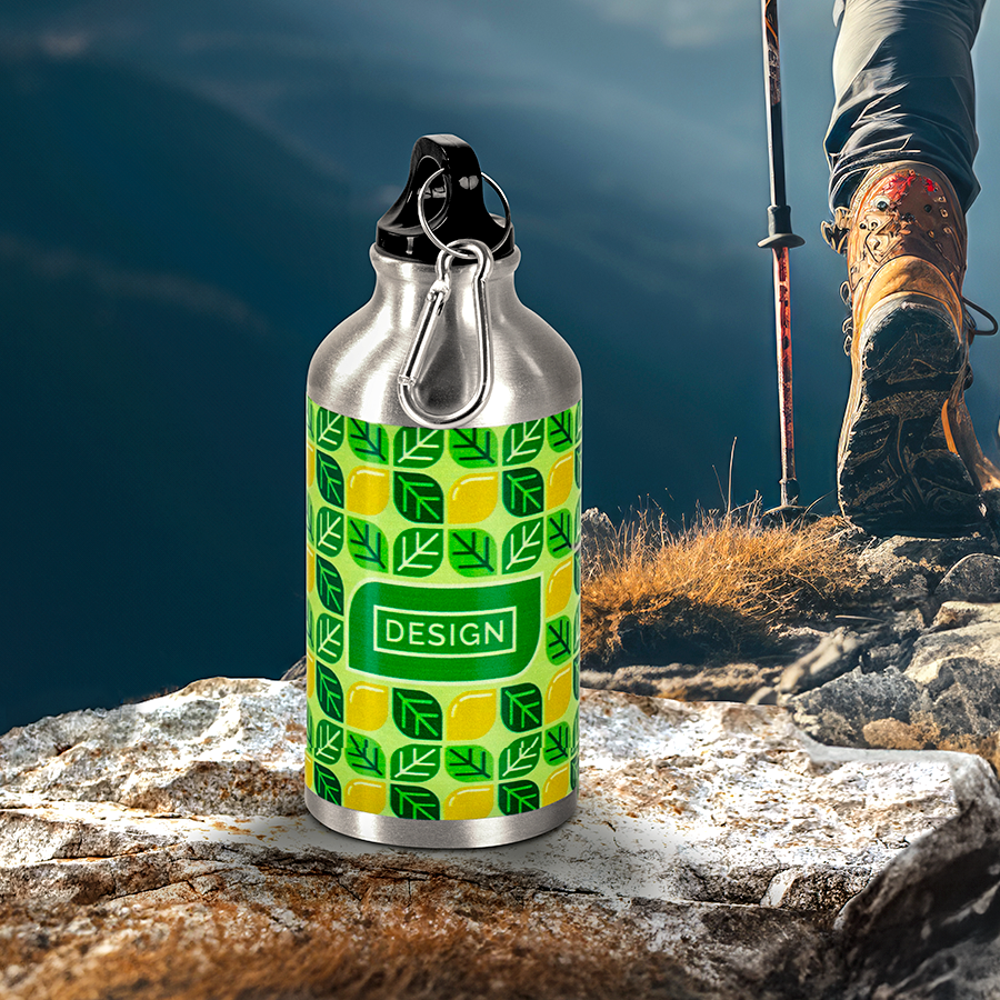 Aluminiumflasche (400 ml) mit Karabinerhaken, rundum bedruckt