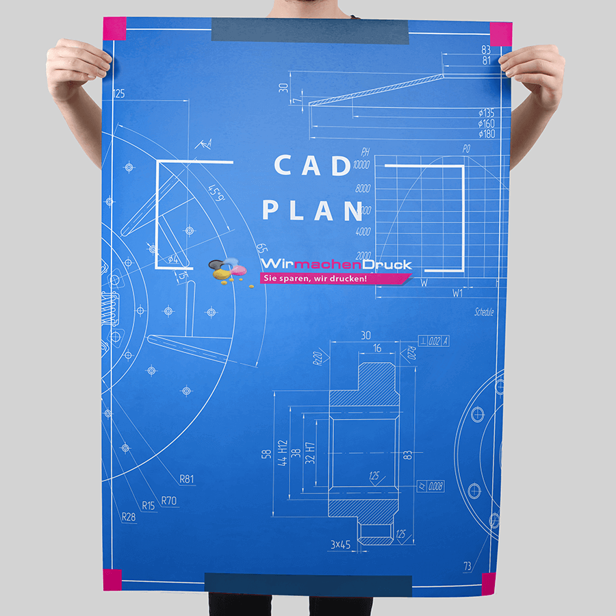 CAD-Plan im Hochformat mit 4/0-farbigem Druckmotiv 