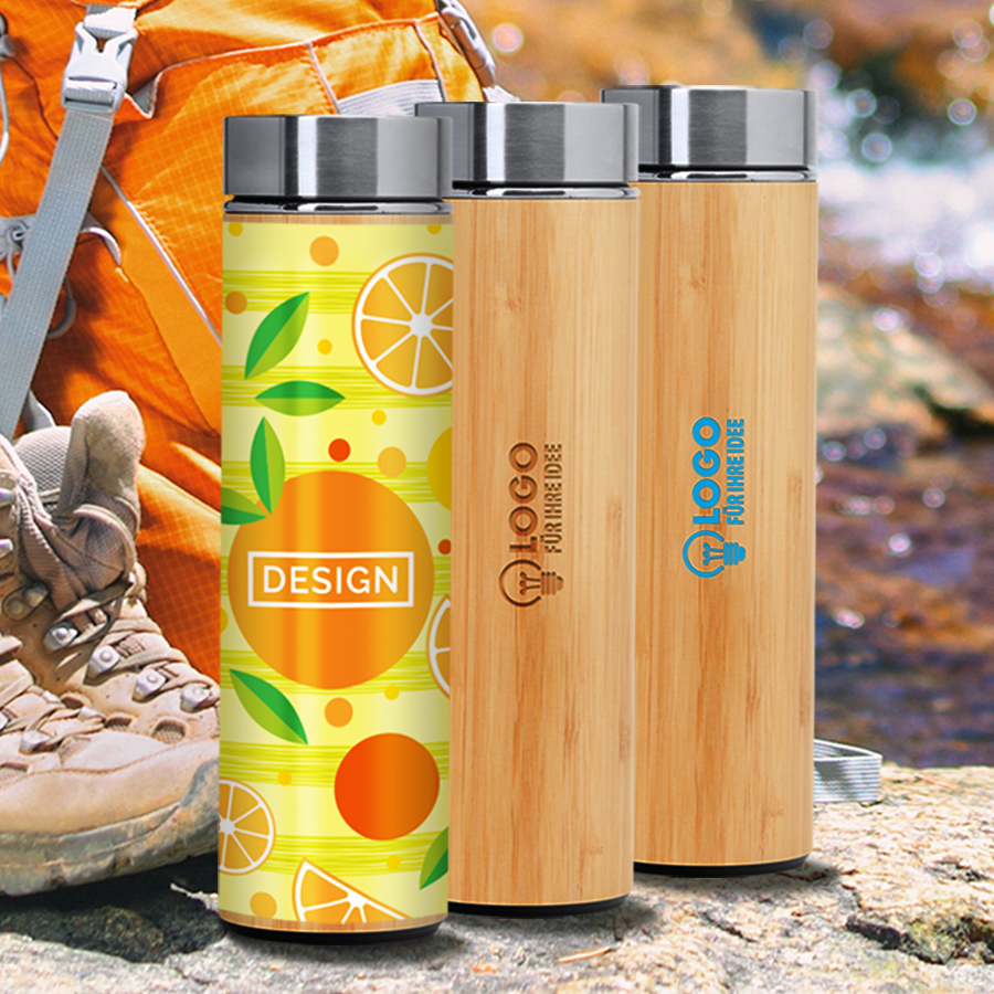Edelstahlflasche (500 ml) mit Bambus-Außenwand und Druck oder Gravur